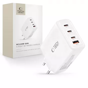 TECH-PROTECT NC120W-GAN 4-porttinen verkkolaturi PD 120W / QC3.0 valkoinen