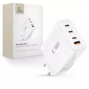 TECH-PROTECT NC140W-GAN 4-porttinen verkkolaturi PD 140W / QC3.0 valkoinen