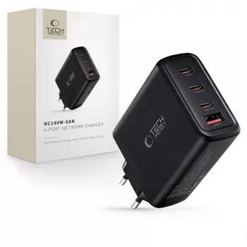 TECH-PROTECT NC140W-GAN 4-porttinen verkkolaturi PD 140W / QC3.0 musta