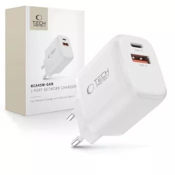 TECH-PROTECT NCA45W-GAN 2-porttinen verkkolaturi PD 45W / QC3.0 valkoinen