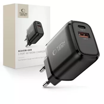 TECH-PROTECT NCA45W-GAN 2-porttinen verkkolaturi PD 45W / QC3.0 musta