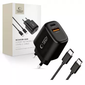 TECH-PROTECT NCA45W-GAN 2-porttinen verkkolaturi PD 45W / QC3.0 + USB-C-kaapeli musta