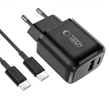 TECH-PROTECT NCA45W-GAN 2-porttinen verkkolaturi PD 45W / QC3.0 + USB-C-kaapeli musta