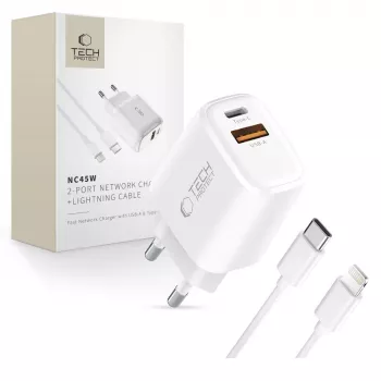 TECH-PROTECT NCA45W-GAN 2-porttinen verkkolaturi PD 45W / QC3.0 + Lightning-kaapeli valkoinen