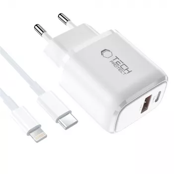 TECH-PROTECT NCA45W-GAN 2-porttinen verkkolaturi PD 45W / QC3.0 + Lightning-kaapeli valkoinen
