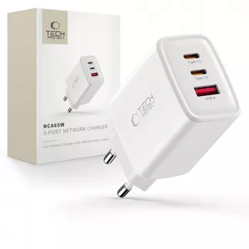 TECH-PROTECT NCA65W-GAN 3-porttinen verkkolaturi PD 65W / QC3.0 valkoinen
