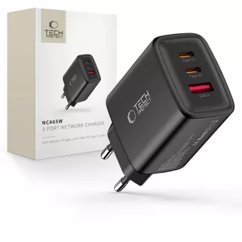 TECH-PROTECT NCA65W-GAN 3-porttinen verkkolaturi PD 65W / QC3.0 musta