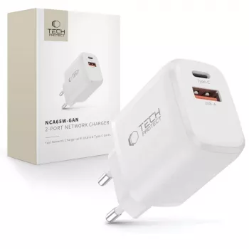 TECH-PROTECT NCA65W-GAN 2-porttinen verkkolaturi PD 65W / QC3.0 valkoinen