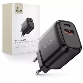 TECH-PROTECT NCA65W-GAN 2-porttinen verkkolaturi PD 65W / QC3.0 musta