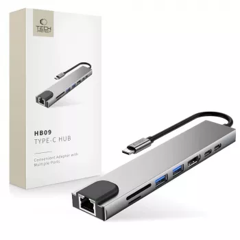 TECH-PROTECT HB09 keskitinadapteri 8-in-1 USB-C - USB-A 3.0, USB-C 3.0, HDMI 4K 60Hz, SD/TF, PD 100W, RJ45 Gigabit Ethernet, Space Grey
