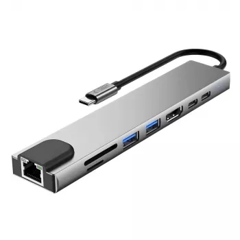 TECH-PROTECT HB09 keskitinadapteri 8-in-1 USB-C - USB-A 3.0, USB-C 3.0, HDMI 4K 60Hz, SD/TF, PD 100W, RJ45 Gigabit Ethernet, Space Grey
