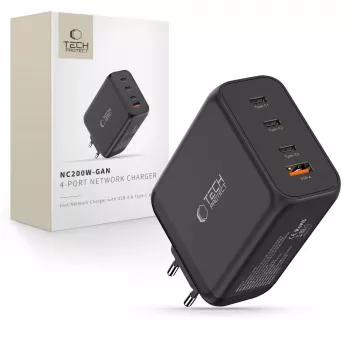 TECH-PROTECT NC200W-GAN 4-porttinen verkkolaturi PD 200W / QC3.0 musta