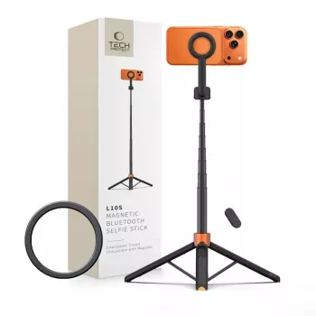 Tech-Protect L10S MagSafe Bluetooth selfie-keppi jalustalla, oranssi/musta