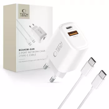 TECH-PROTECT NCA45W-GAN 2-porttinen verkkolaturi PD 45W / QC3.0 + USB-C-kaapeli, valkoinen