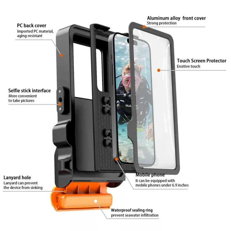 TECH-PROTECT IPX8 PRO yleinen sukellusvedenpitävä kotelo, musta/oranssi