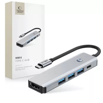 TECH-PROTECT HB01 HUB -sovitin 5in1 Type-C + USB3.0 + HDMI 4K 60HZ + PD100W SPACE GREY