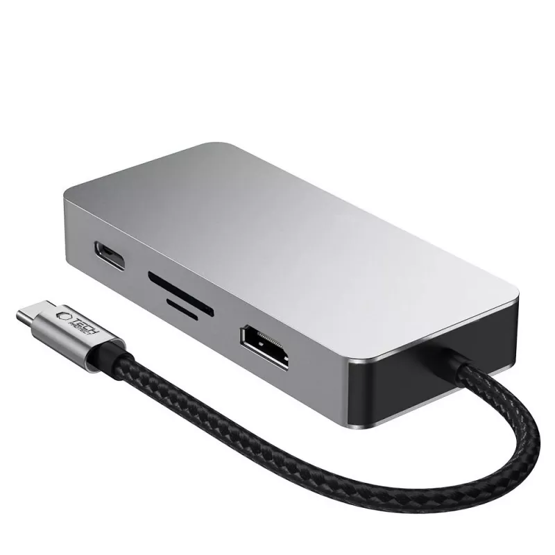 TECH-PROTECT HB05 9-in-1 USB-C -keskitinsovitin, USB 2.0, USB 3.0, HDMI 4K 60Hz, SD/TF, PD 100W, RJ45 gigabit Ethernet, Space Grey