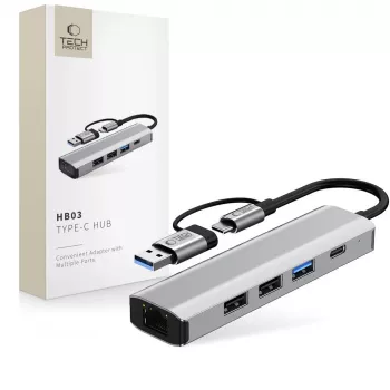 TECH-PROTECT HB03 -keskitinsovitin 5in1 Type-C + USB 2.0 + USB 3.0 + RJ45 Space Grey