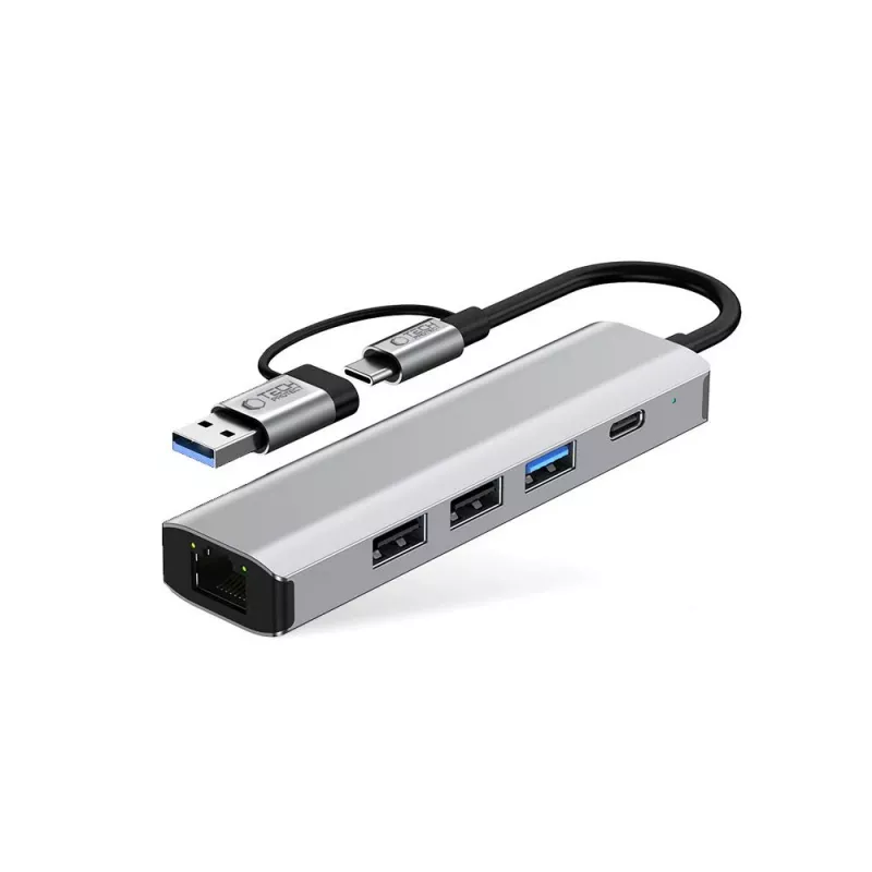 TECH-PROTECT HB03 -keskitinsovitin 5in1 Type-C + USB 2.0 + USB 3.0 + RJ45 Space Grey
