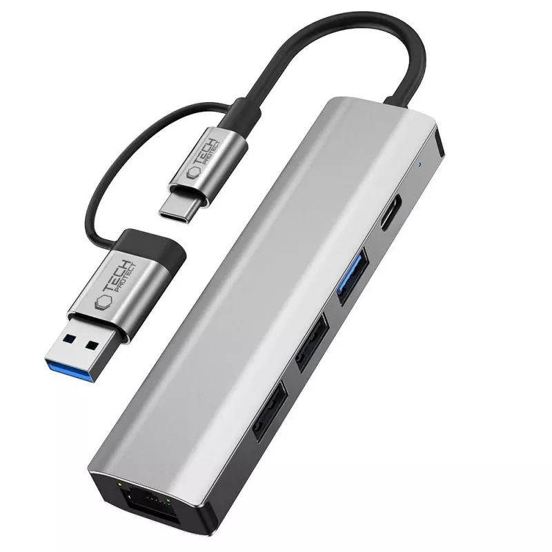 TECH-PROTECT HB03 -keskitinsovitin 5in1 Type-C + USB 2.0 + USB 3.0 + RJ45 Space Grey