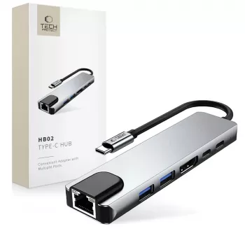 TECH-PROTECT HB02 HUB -sovitin 6-in-1 USB-C + USB 2.0 + USB 3.0 + HDMI 4K 30Hz + RJ45 + PD 100W Space Grey