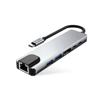 TECH-PROTECT HB02 HUB -sovitin 6-in-1 USB-C + USB 2.0 + USB 3.0 + HDMI 4K 30Hz + RJ45 + PD 100W Space Grey