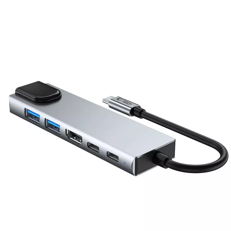 TECH-PROTECT HB02 HUB -sovitin 6-in-1 USB-C + USB 2.0 + USB 3.0 + HDMI 4K 30Hz + RJ45 + PD 100W Space Grey