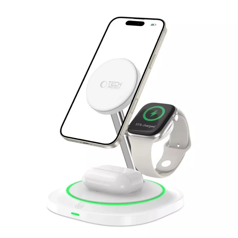 Tech-Protect QI15W-A46 3IN1 MagSafe -langaton latausasema, valkoinen