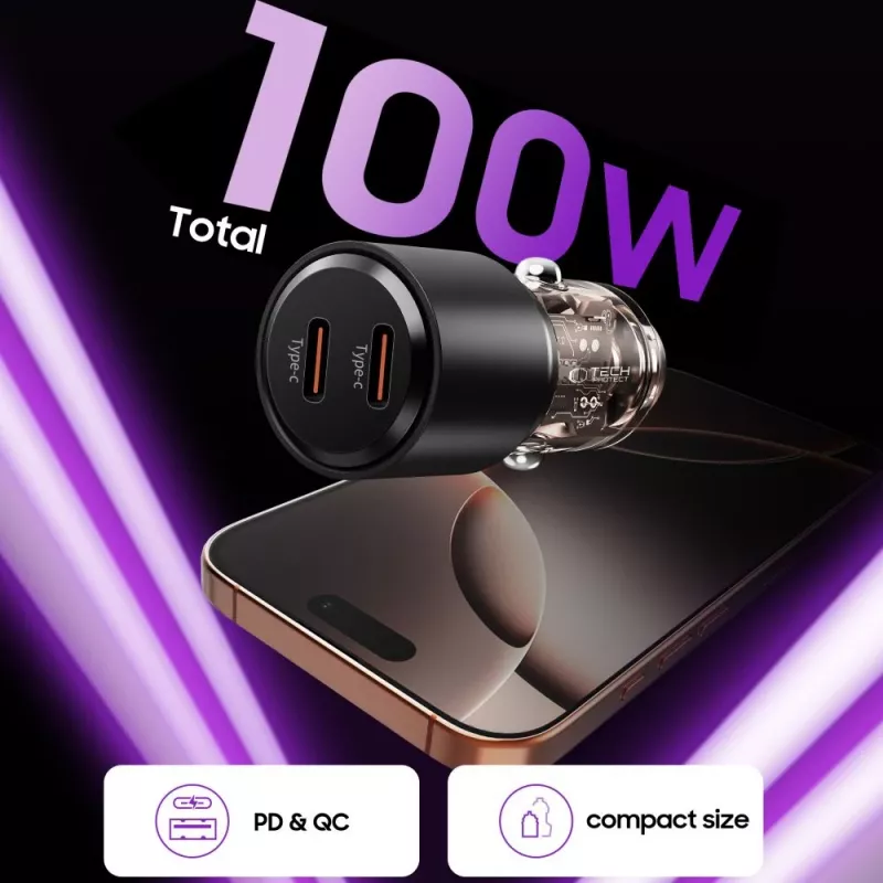 TECH-PROTECT CC03 2-porttinen autolaturi PD 100W, musta