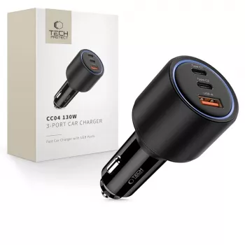 TECH-PROTECT CC04 3-porttinen autolaturi PD 130W, musta