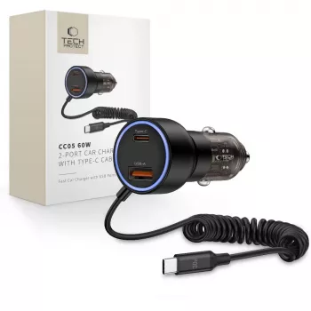 TECH-PROTECT CC05 2-porttinen autolaturi PD 60W + kaapeli, musta