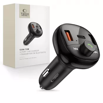 TECH-PROTECT CC06 3-porttinen autolaturi PD 72W + FM-lähetin Bluetooth, musta