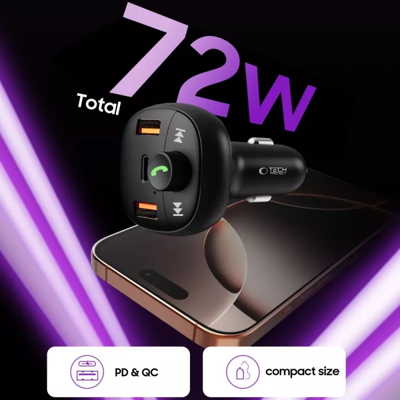 TECH-PROTECT CC06 3-porttinen autolaturi PD 72W + FM-lähetin Bluetooth, musta
