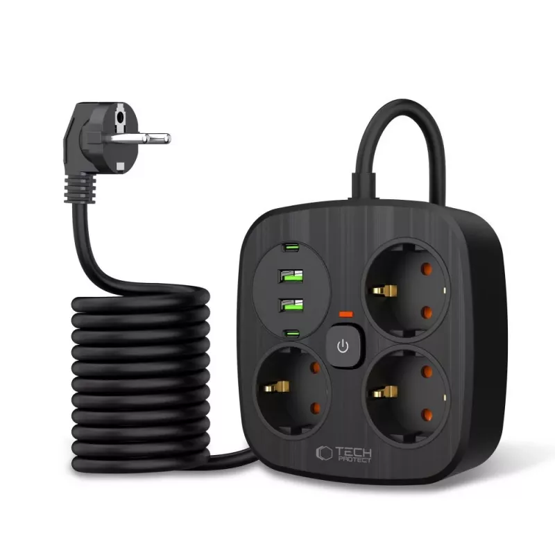 TECH-PROTECT PCS3X4 jatkojohto 2 USB & 2 Type-C & 3 pistorasiaa 200cm musta