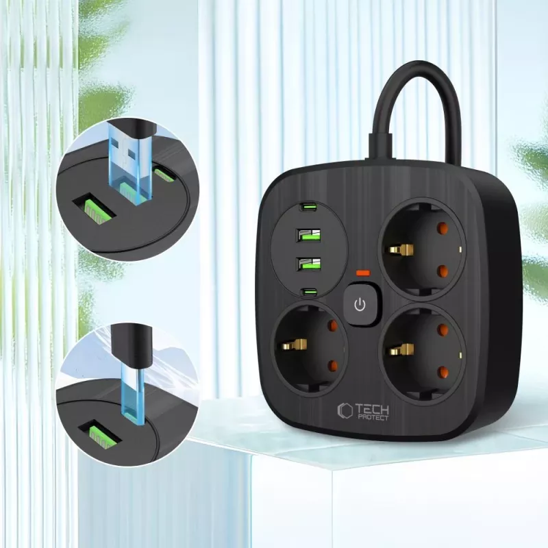 TECH-PROTECT PCS3X4 jatkojohto 2 USB & 2 Type-C & 3 pistorasiaa 200cm musta