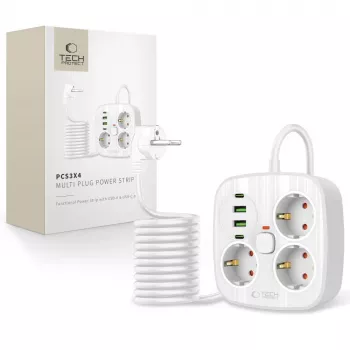 TECH-PROTECT PCS3X4 jatkojohto 2 USB & 2 Type-C & 3 pistorasiaa 200cm valkoinen