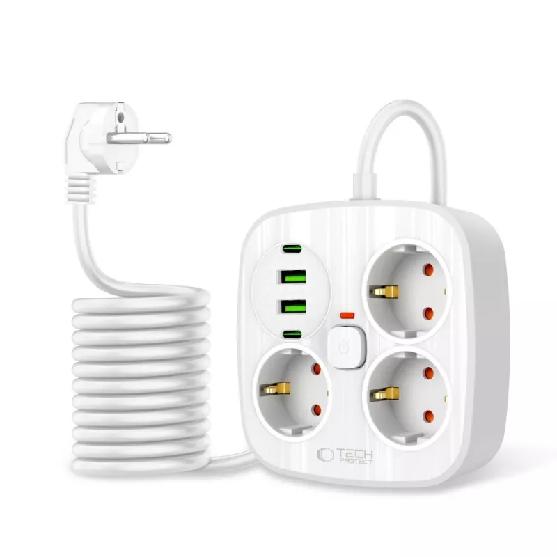TECH-PROTECT PCS3X4 jatkojohto 2 USB & 2 Type-C & 3 pistorasiaa 200cm valkoinen