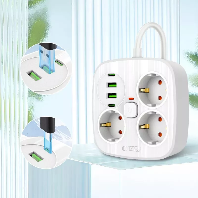 TECH-PROTECT PCS3X4 jatkojohto 2 USB & 2 Type-C & 3 pistorasiaa 200cm valkoinen