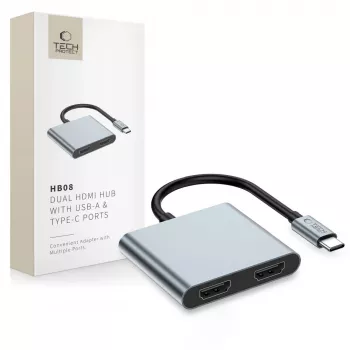 TECH-PROTECT HB08 keskitin 4-in-1 USB-C + USB 2.0 + 2x HDMI 4K 60Hz avaruudenharmaa