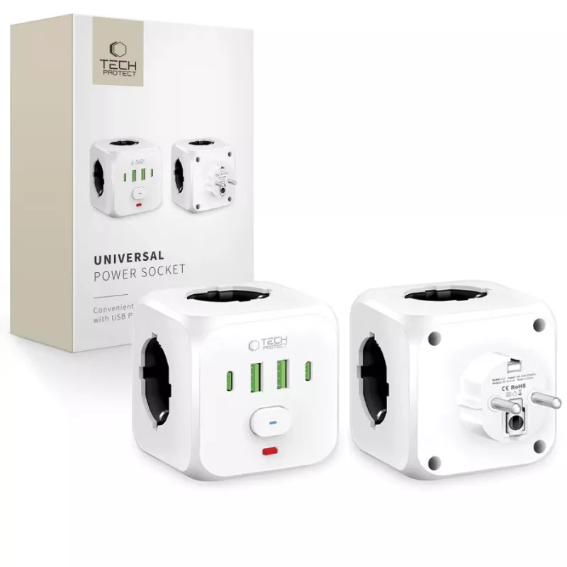 TECH-PROTECT PCL3X4 jatkojohto 3 Schuko-pistorasiaa 2 USB-A 2 USB-C 2 m valkoinen