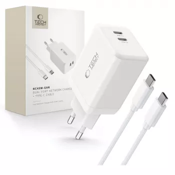 TECH-PROTECT NC45W-GAN 2-porttinen verkkolaturi PD 45W + USB-C-kaapeli valkoinen