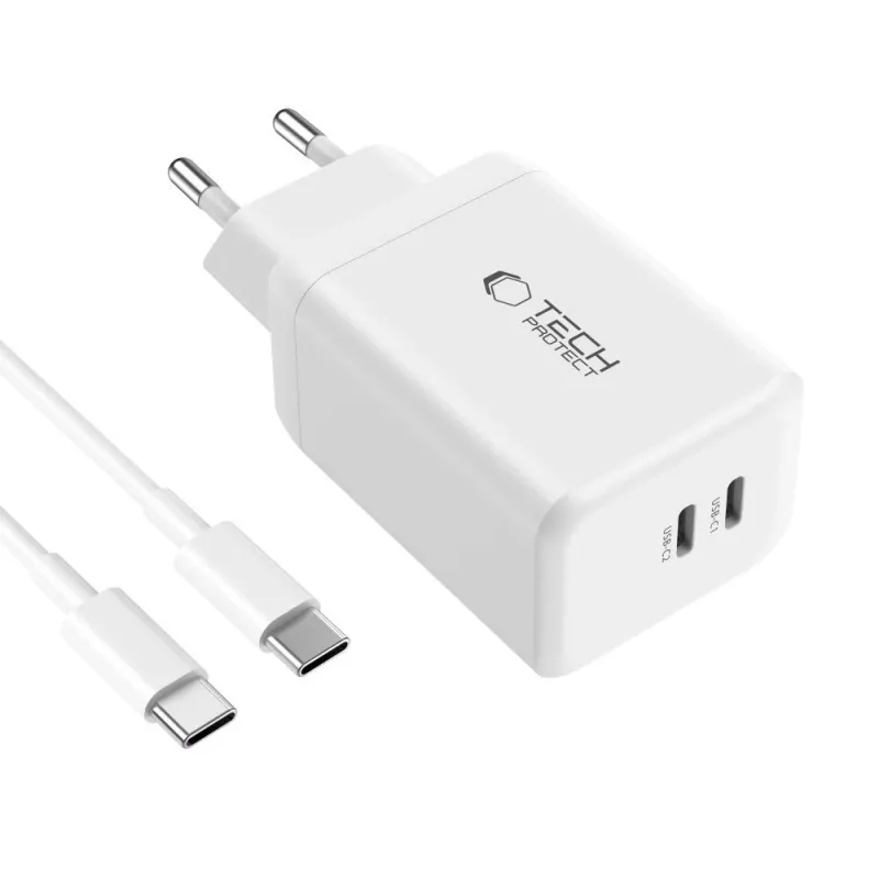 TECH-PROTECT NC45W-GAN 2-porttinen verkkolaturi PD 45W + USB-C-kaapeli valkoinen