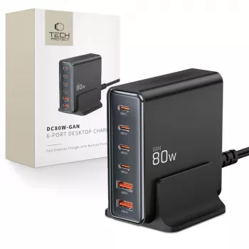 Tech-Protect DC80W-GAN 6-PORT GaN 80W USB-C-laturi musta