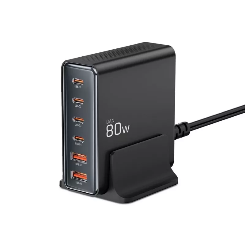 Tech-Protect DC80W-GAN 6-PORT GaN 80W USB-C-laturi musta