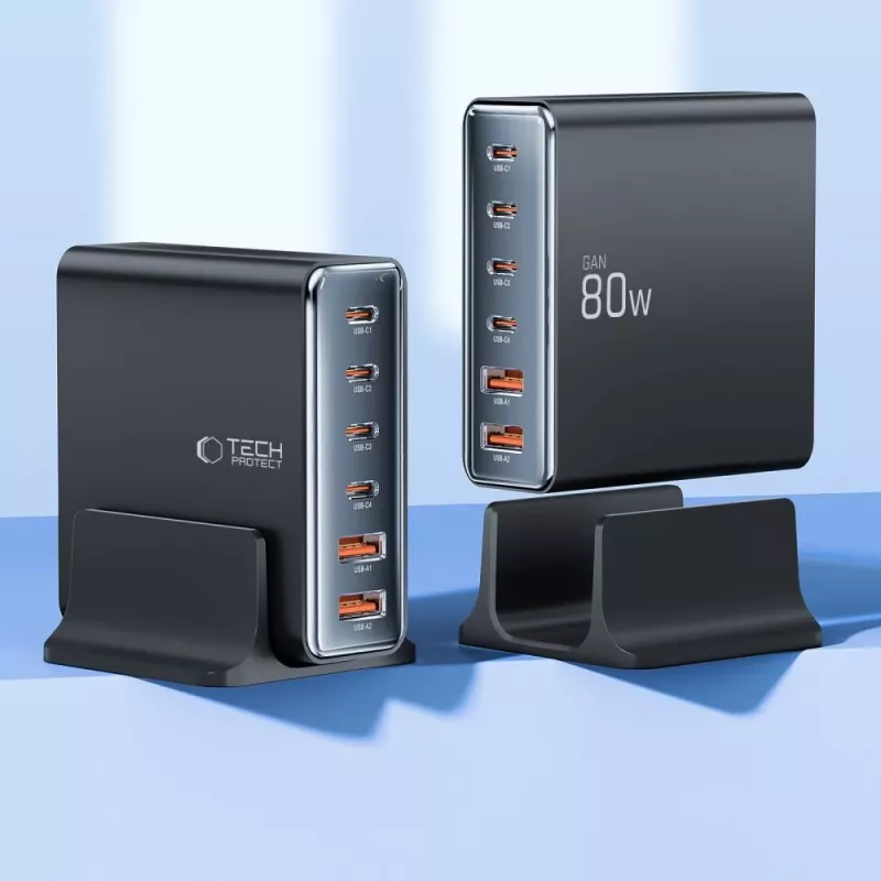 Tech-Protect DC80W-GAN 6-PORT GaN 80W USB-C-laturi musta