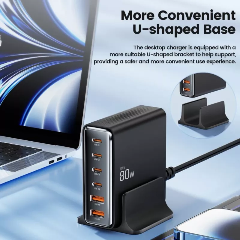 Tech-Protect DC80W-GAN 6-PORT GaN 80W USB-C-laturi musta
