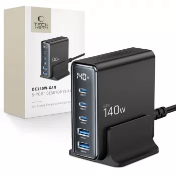 TECH-PROTECT DC140W-GAN 5-porttinen pöytälaturi PD 140W / QC3.0 musta