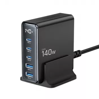 TECH-PROTECT DC140W-GAN 5-porttinen pöytälaturi PD 140W / QC3.0 musta