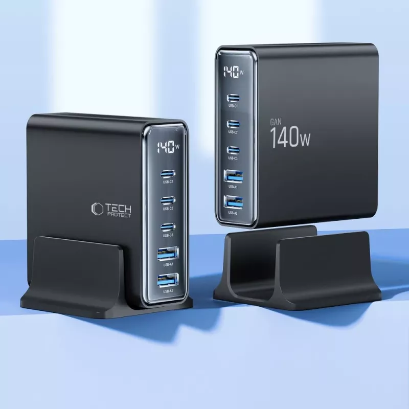 TECH-PROTECT DC140W-GAN 5-porttinen pöytälaturi PD 140W / QC3.0 musta