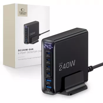 TECH-PROTECT DC240W-GAN 6-porttinen pöytälaturi PD 240W / QC3.0 musta